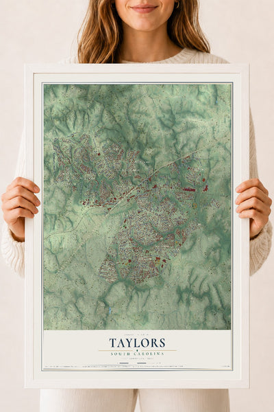 Map of Taylors, South Carolina, 18 x 24 inch print in a white wood frame