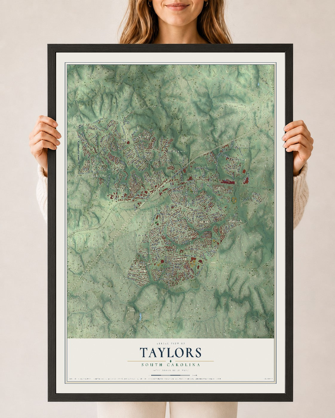 Map of Taylors, South Carolina, 24 x 36 inch print in a black wood frame