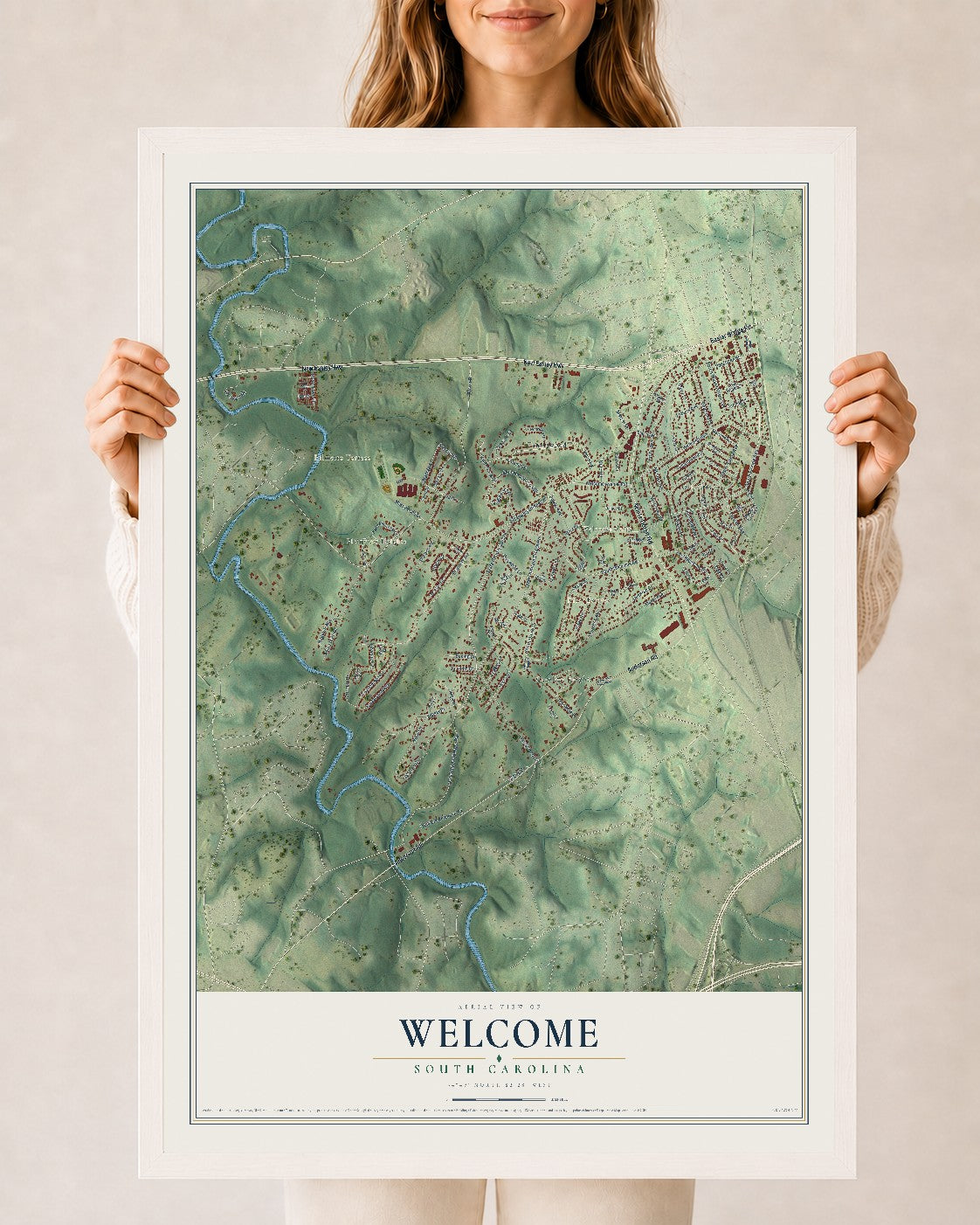 Map of Welcome, South Carolina, 24 x 36 inch print in a white wood frame