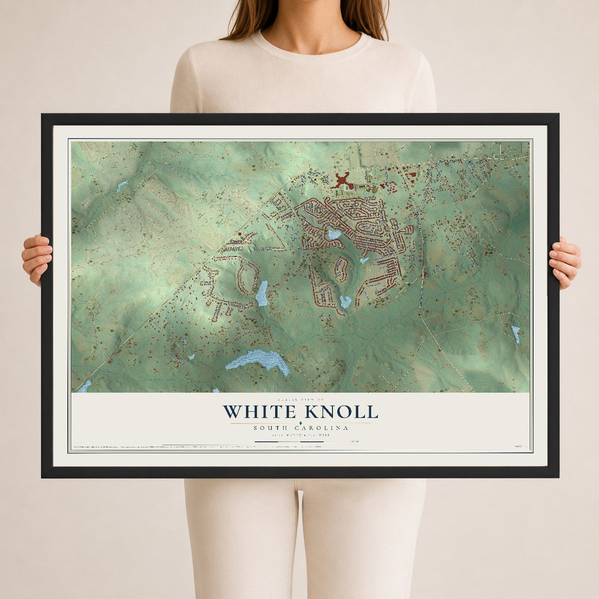 Map of White Knoll, South Carolina, 24 x 36 inch print in a black wood frame