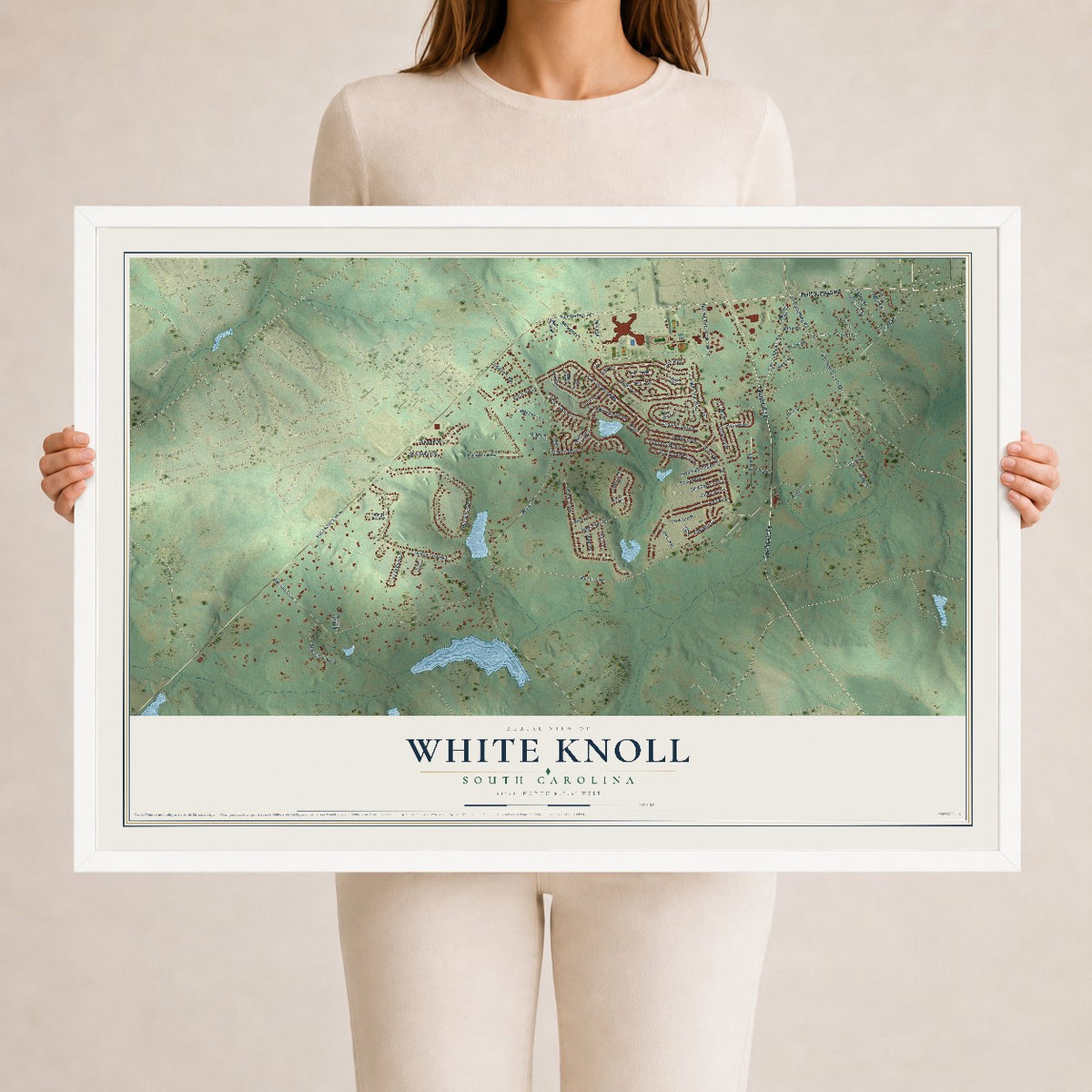Map of White Knoll, South Carolina, 24 x 36 inch print in a white wood frame
