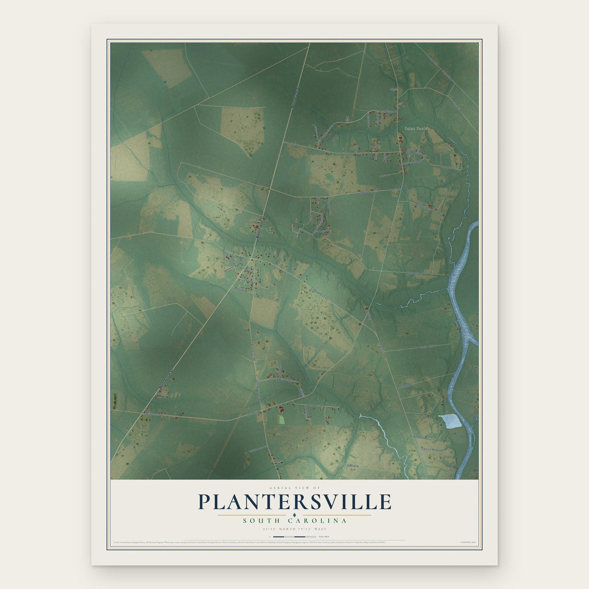Plantersville, South Carolina map print, the full design