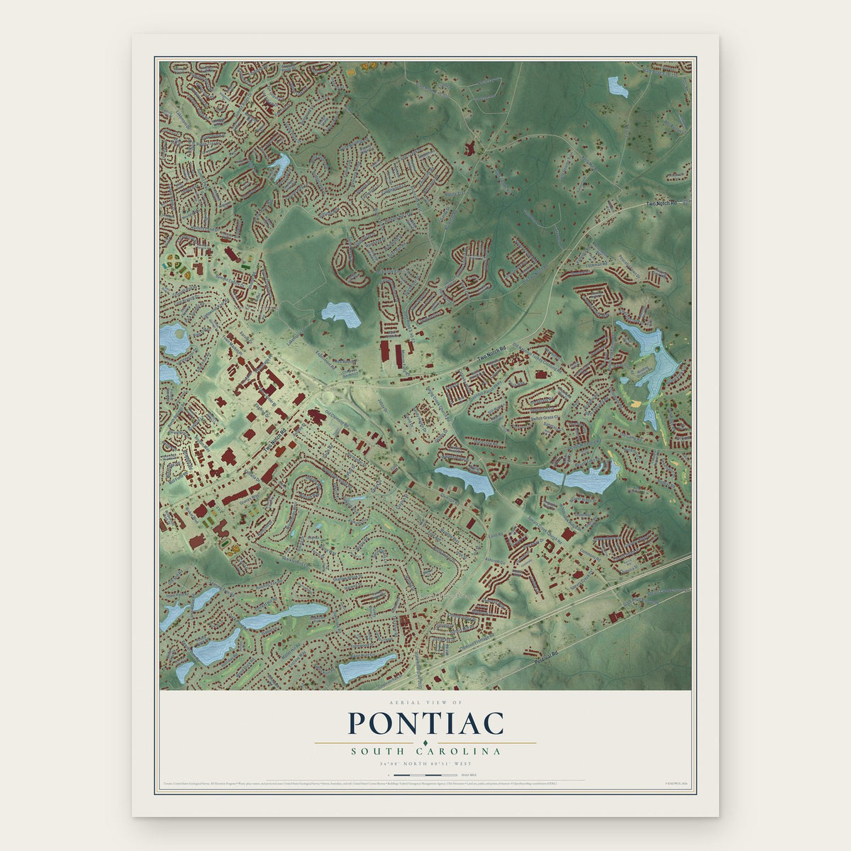 Pontiac, South Carolina map print, the full design