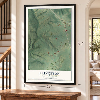 Princeton, South Carolina map, 24 x 36 inch print in a black frame by a staircase