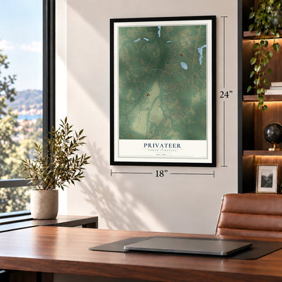Privateer, South Carolina map, 18 x 24 inch print in a black frame in a home office