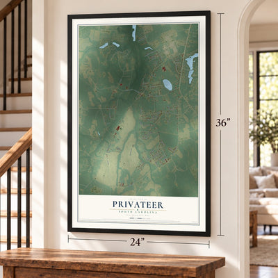 Privateer, South Carolina map, 24 x 36 inch print in a black frame by a staircase