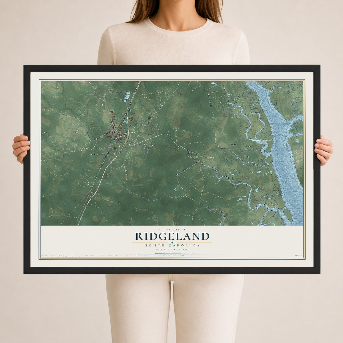 Map of Ridgeland, South Carolina, 24 x 36 inch print in a black wood frame
