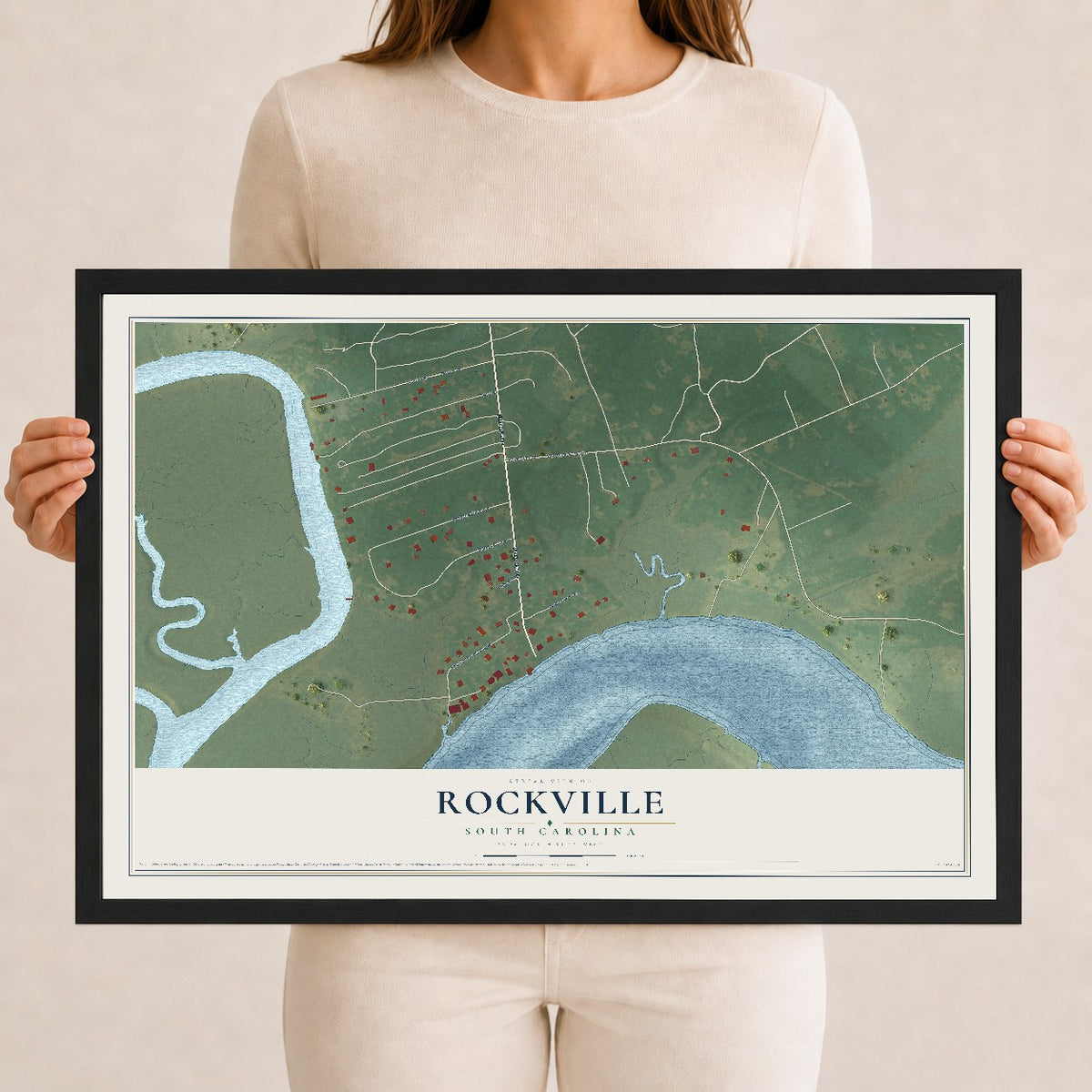 Map of Rockville, South Carolina, 12 x 18 inch print in a black wood frame