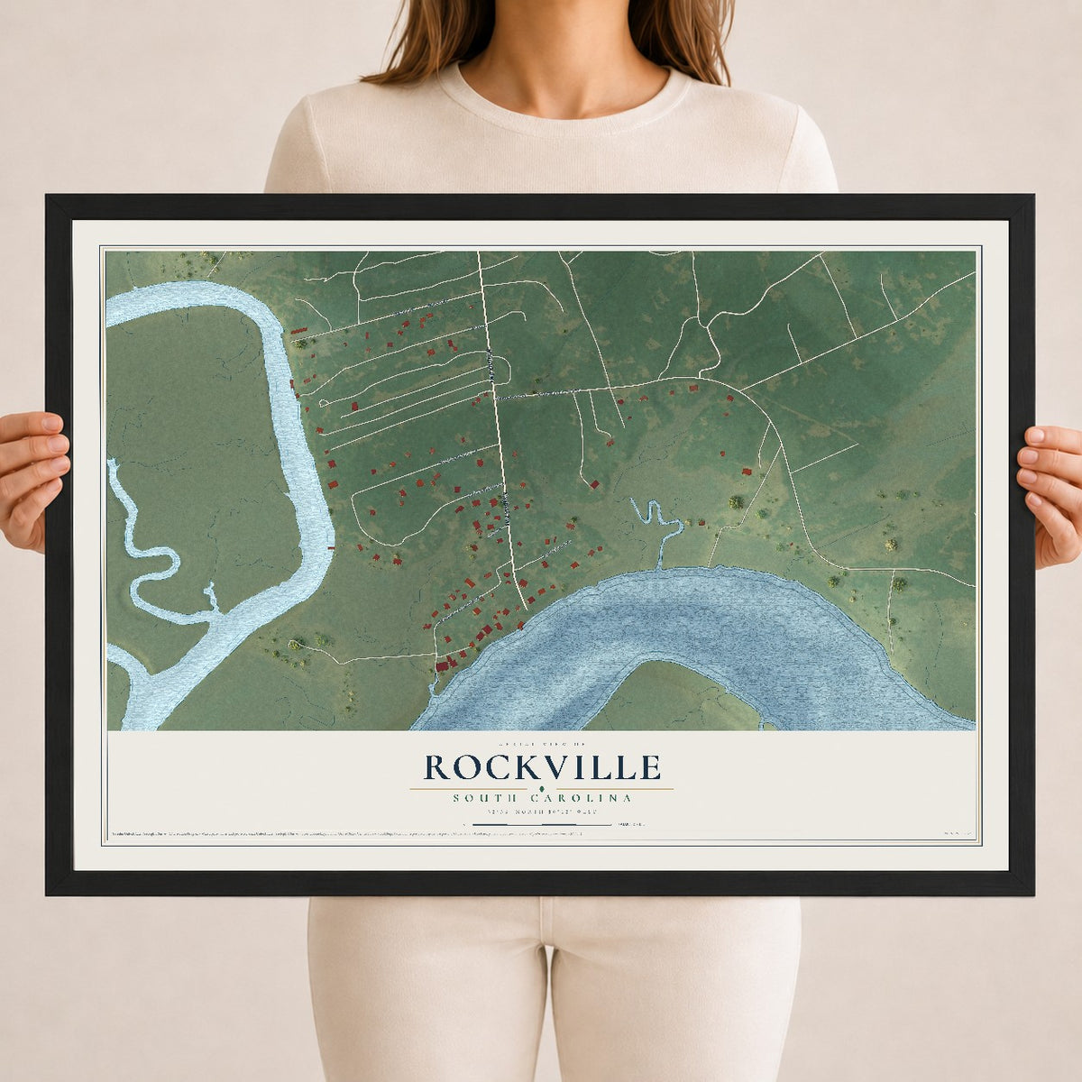 Map of Rockville, South Carolina, 18 x 24 inch print in a black wood frame