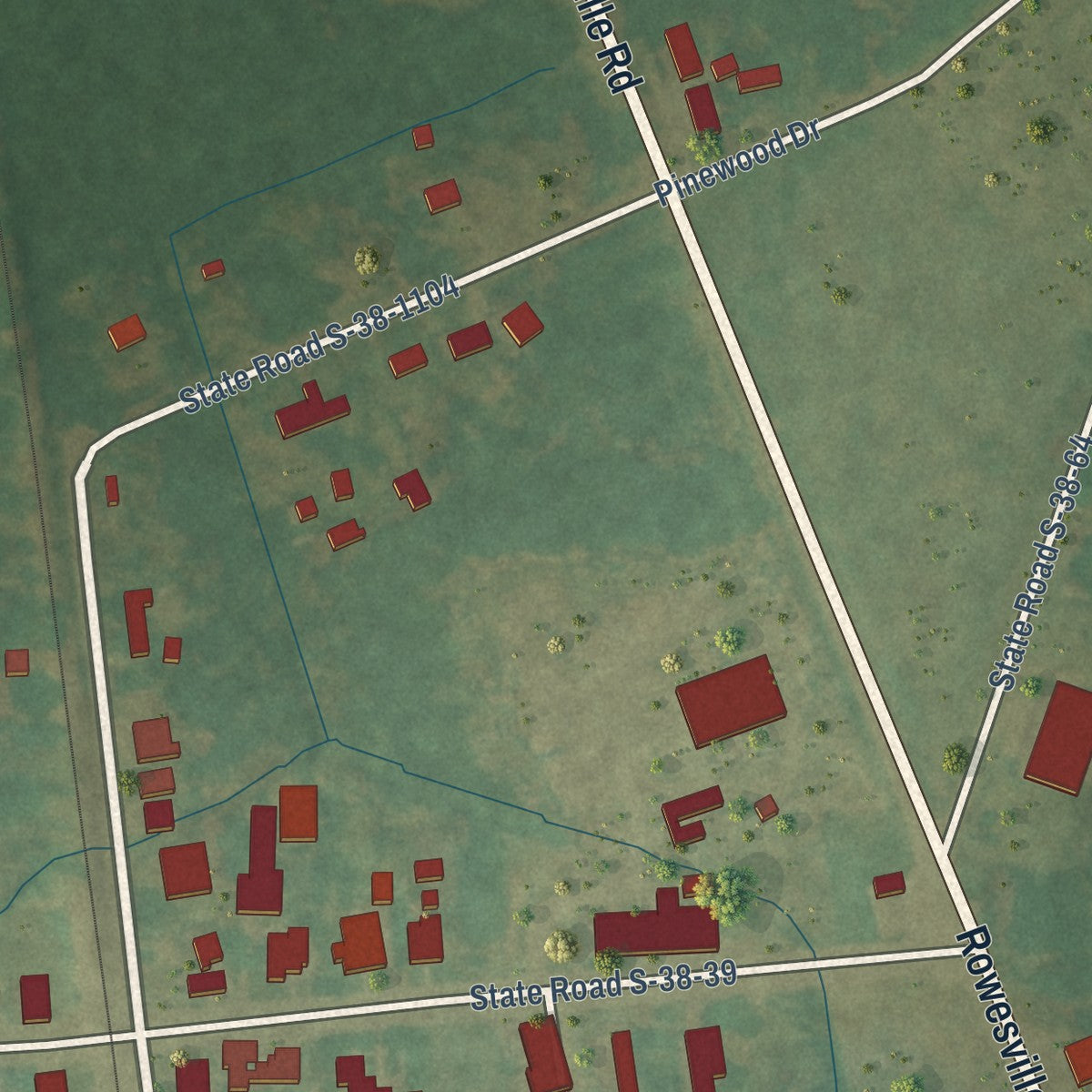 Second close-up of the map of Rowesville, South Carolina print showing more streets and buildings