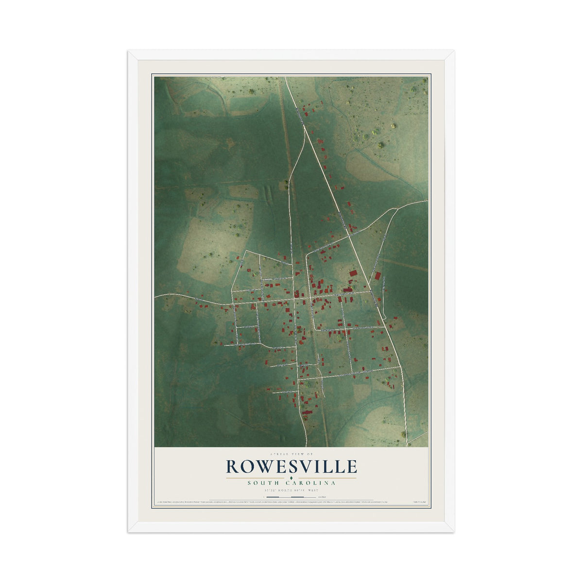Map of Rowesville, South Carolina, 12 x 18 inch print in a white wood frame