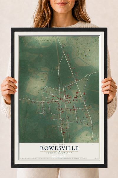 Map of Rowesville, South Carolina, 18 x 24 inch print in a black wood frame