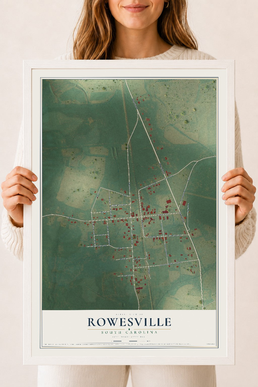 Map of Rowesville, South Carolina, 18 x 24 inch print in a white wood frame