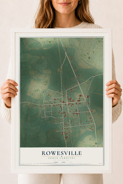 Map of Rowesville, South Carolina, 18 x 24 inch print in a white wood frame