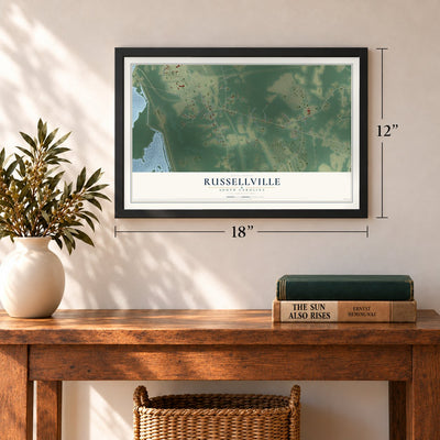 Russellville, South Carolina map, 12 x 18 inch print in a black frame in an entryway