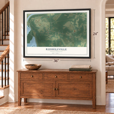 Russellville, South Carolina map, 24 x 36 inch print in a black frame above a dresser by a staircase