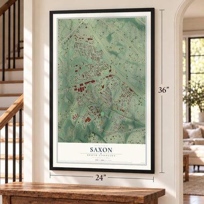 Saxon, South Carolina map, 24 x 36 inch print in a black frame by a staircase