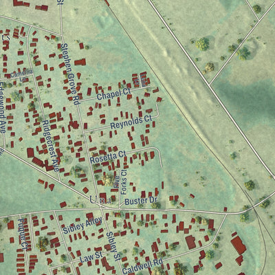Close-up of the map of Saxon, South Carolina print showing street and building detail