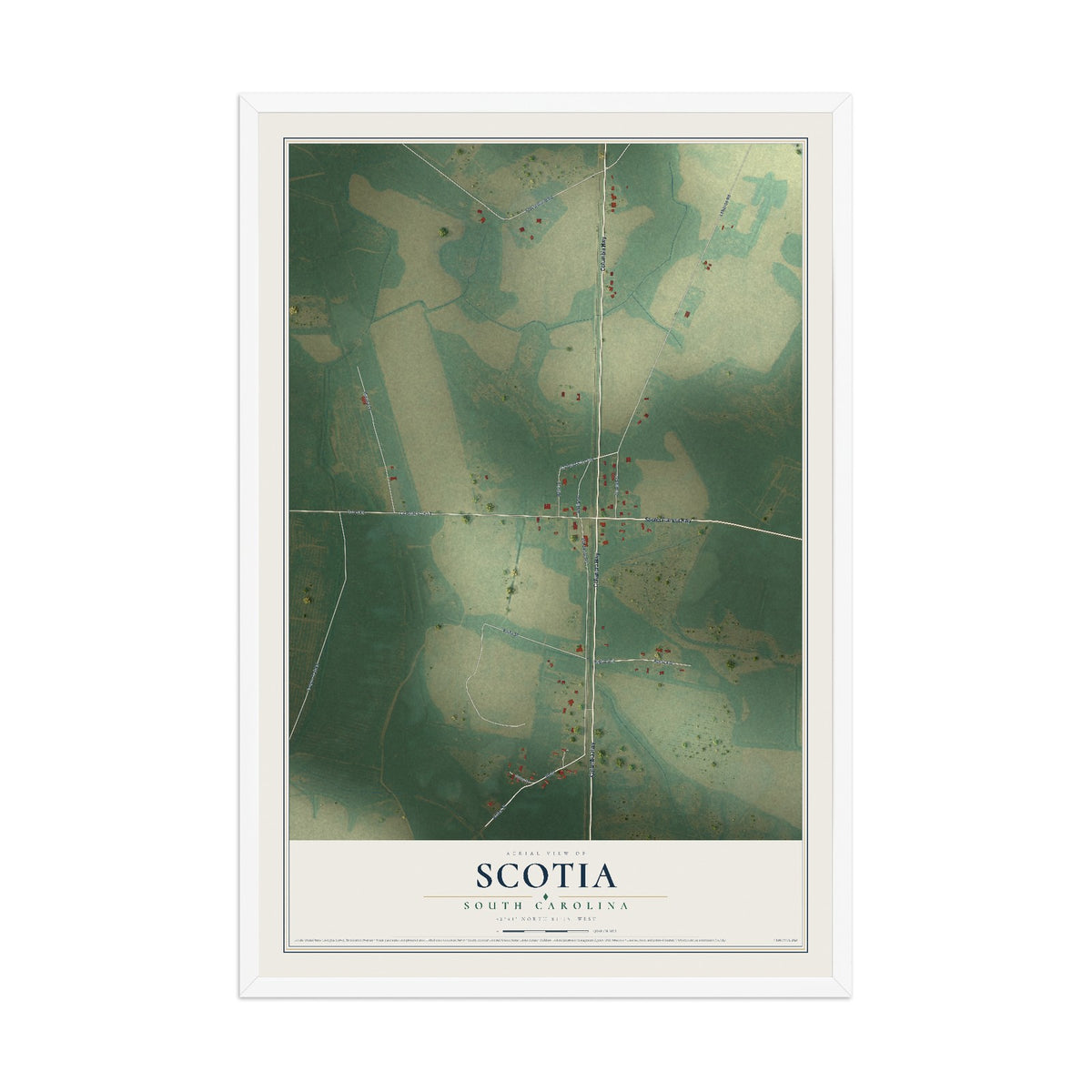 Map of Scotia, South Carolina, 12 x 18 inch print in a white wood frame