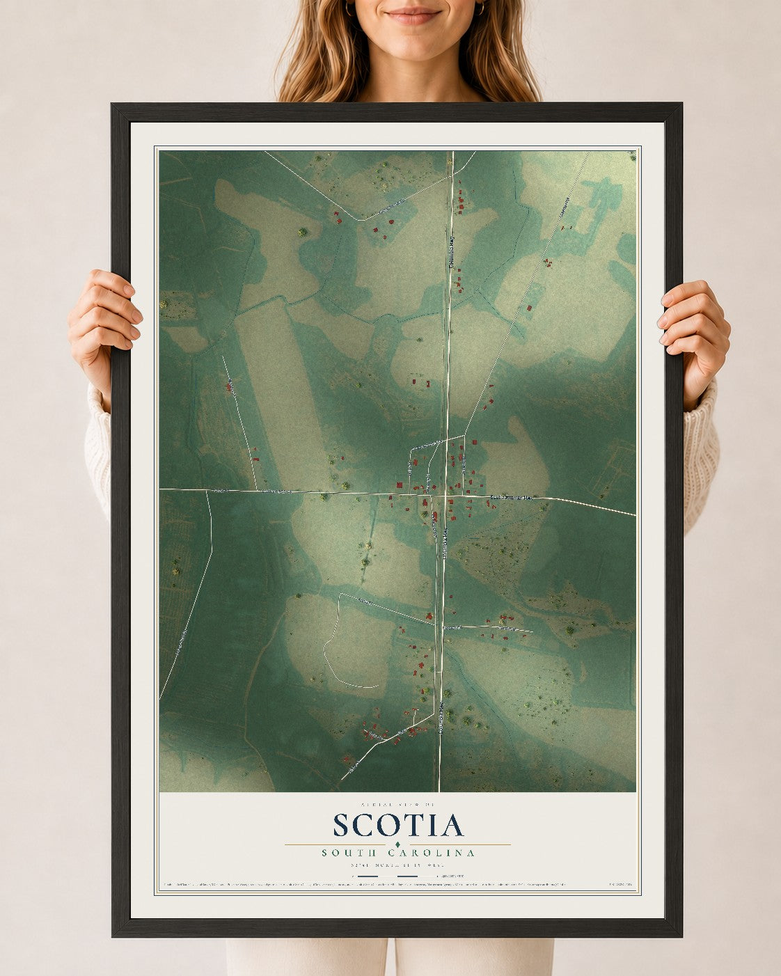 Map of Scotia, South Carolina, 24 x 36 inch print in a black wood frame