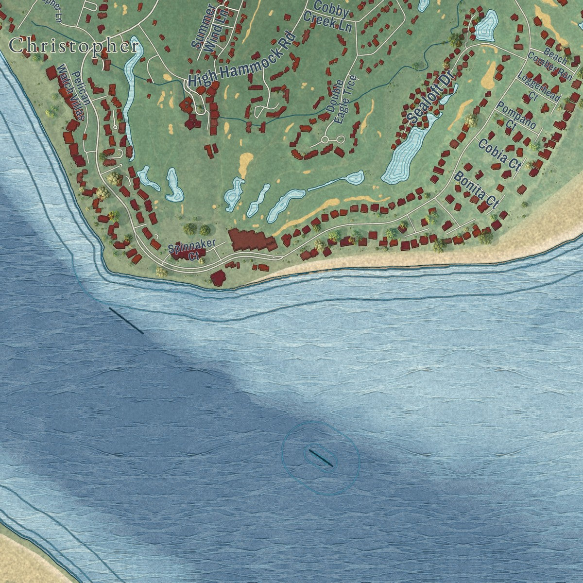 Close-up of the map of Seabrook Island, South Carolina print showing street and building detail