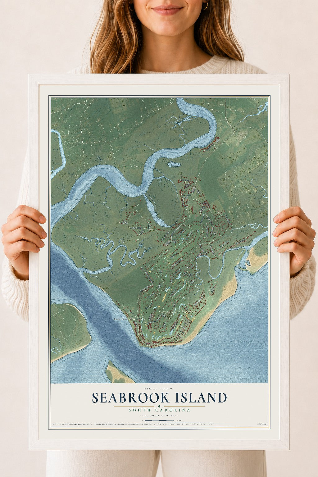 Map of Seabrook Island, South Carolina, 18 x 24 inch print in a white wood frame