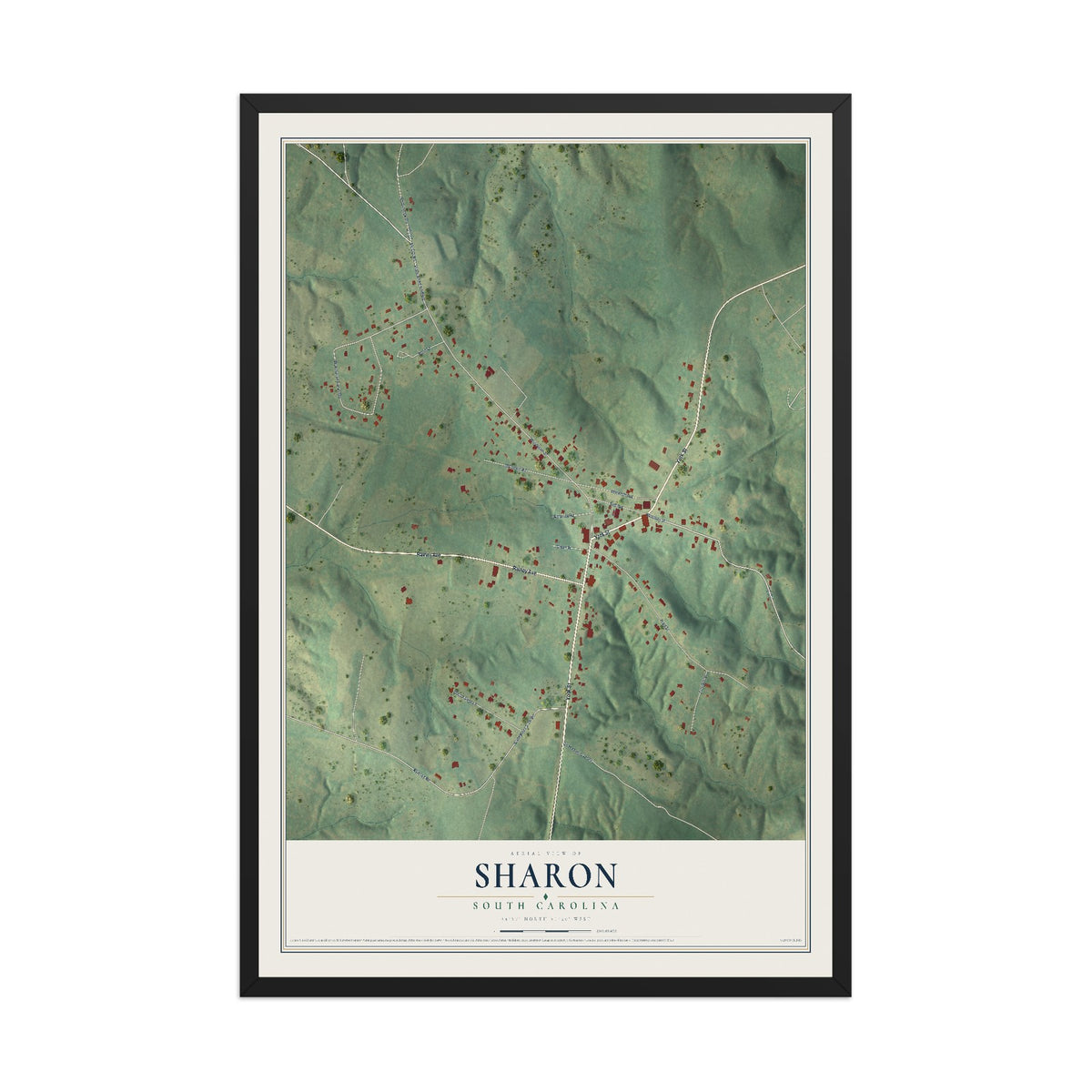 Map of Sharon, South Carolina, 12 x 18 inch print in a black wood frame