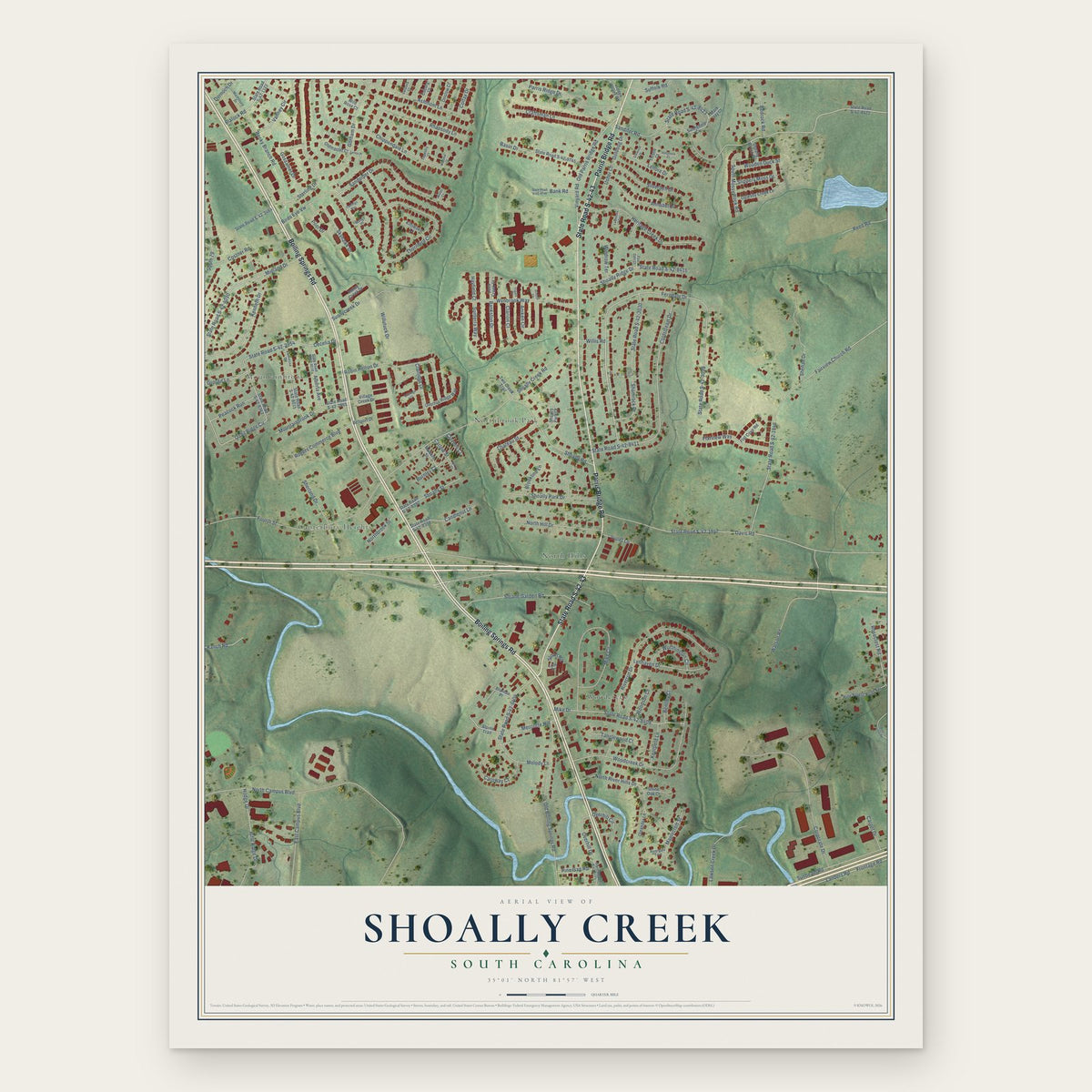 Shoally Creek, South Carolina map print, the full design