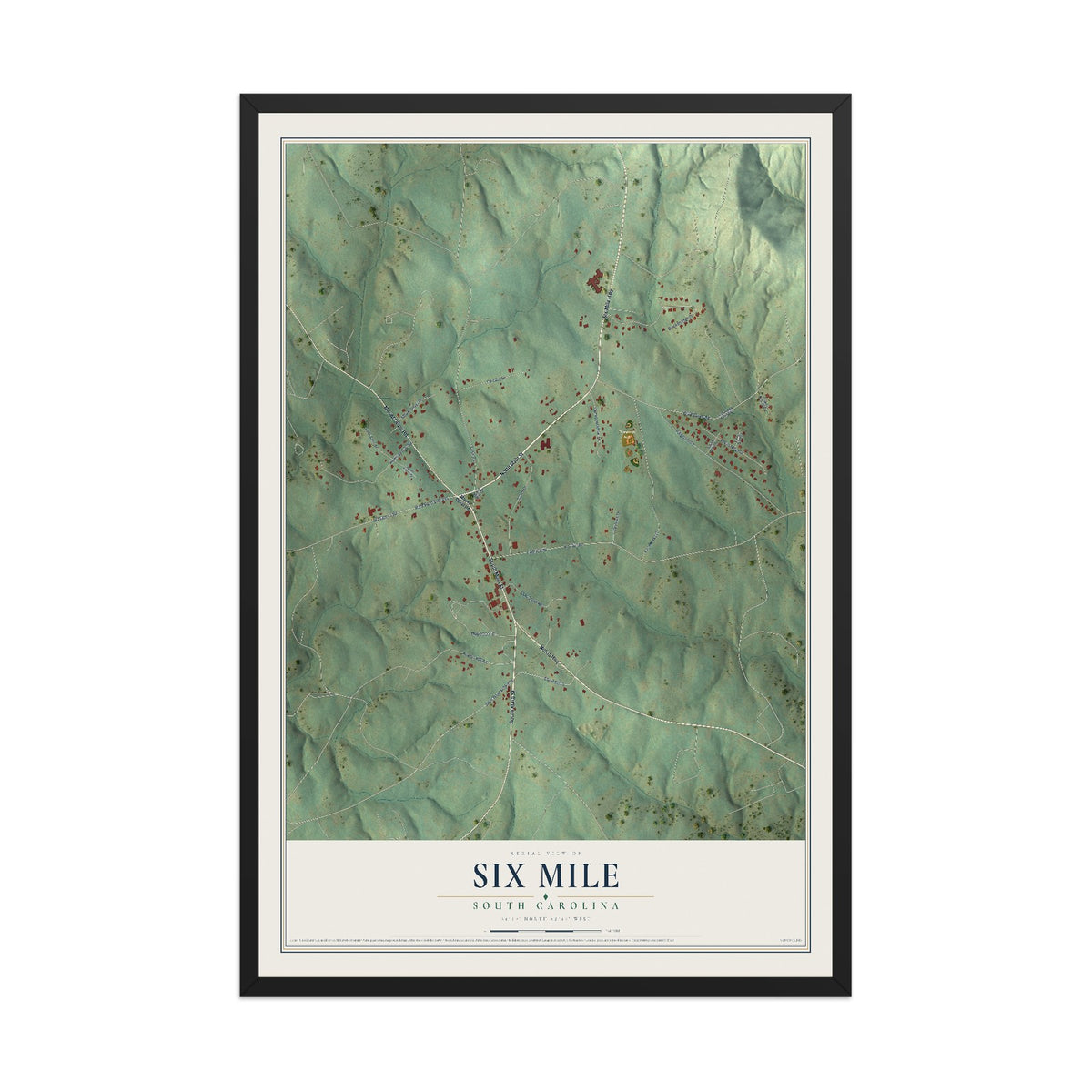 Map of Six Mile, South Carolina, 12 x 18 inch print in a black wood frame