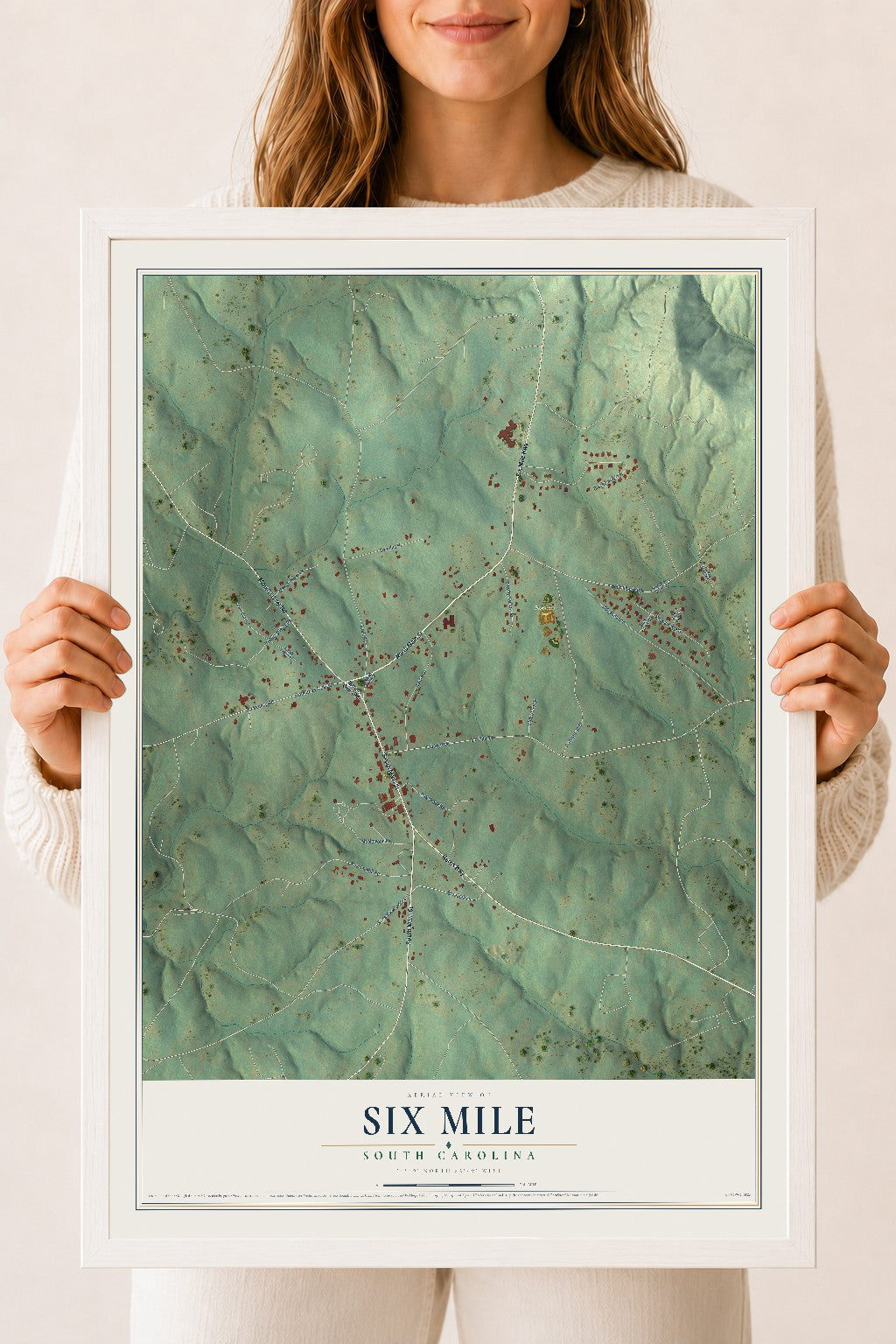 Map of Six Mile, South Carolina, 18 x 24 inch print in a white wood frame
