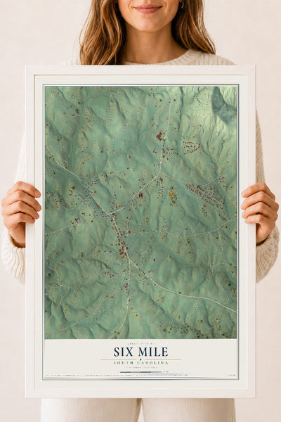Map of Six Mile, South Carolina, 18 x 24 inch print in a white wood frame
