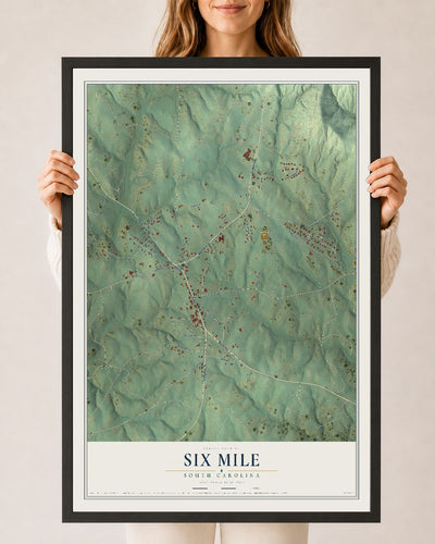 Map of Six Mile, South Carolina, 24 x 36 inch print in a black wood frame