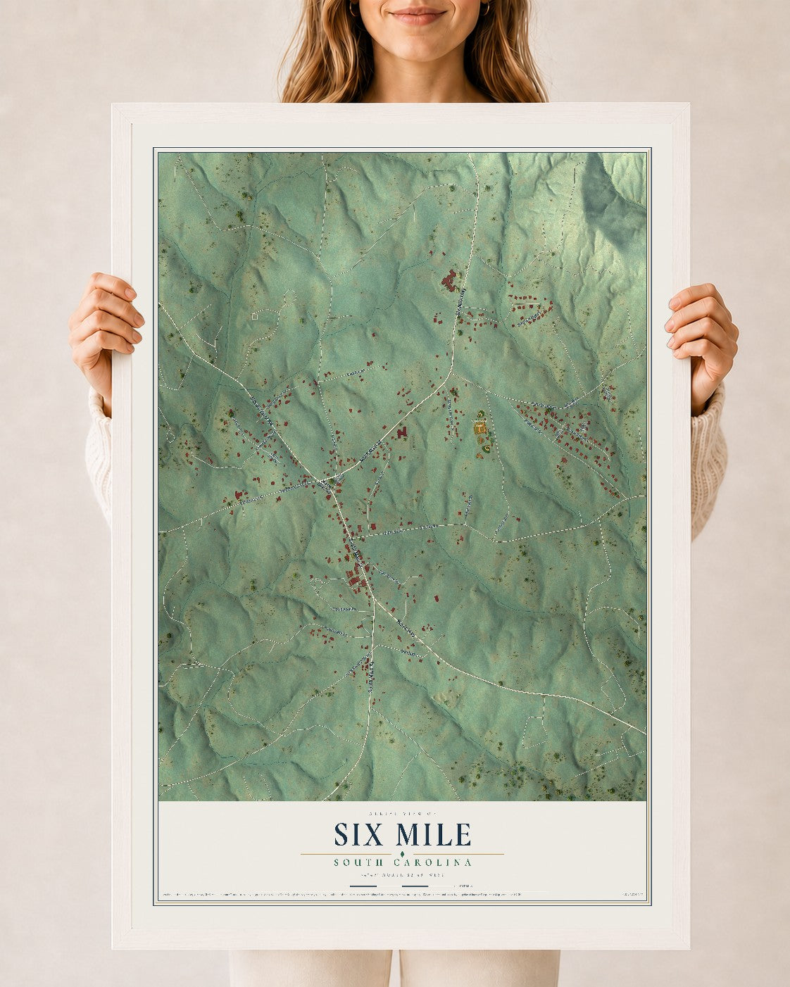 Map of Six Mile, South Carolina, 24 x 36 inch print in a white wood frame