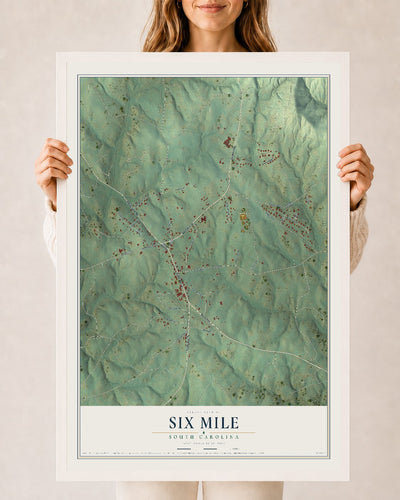 Map of Six Mile, South Carolina, 24 x 36 inch print in a white wood frame