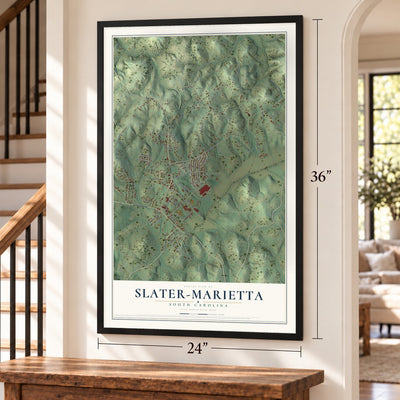 Slater-Marietta, South Carolina map, 24 x 36 inch print in a black frame by a staircase