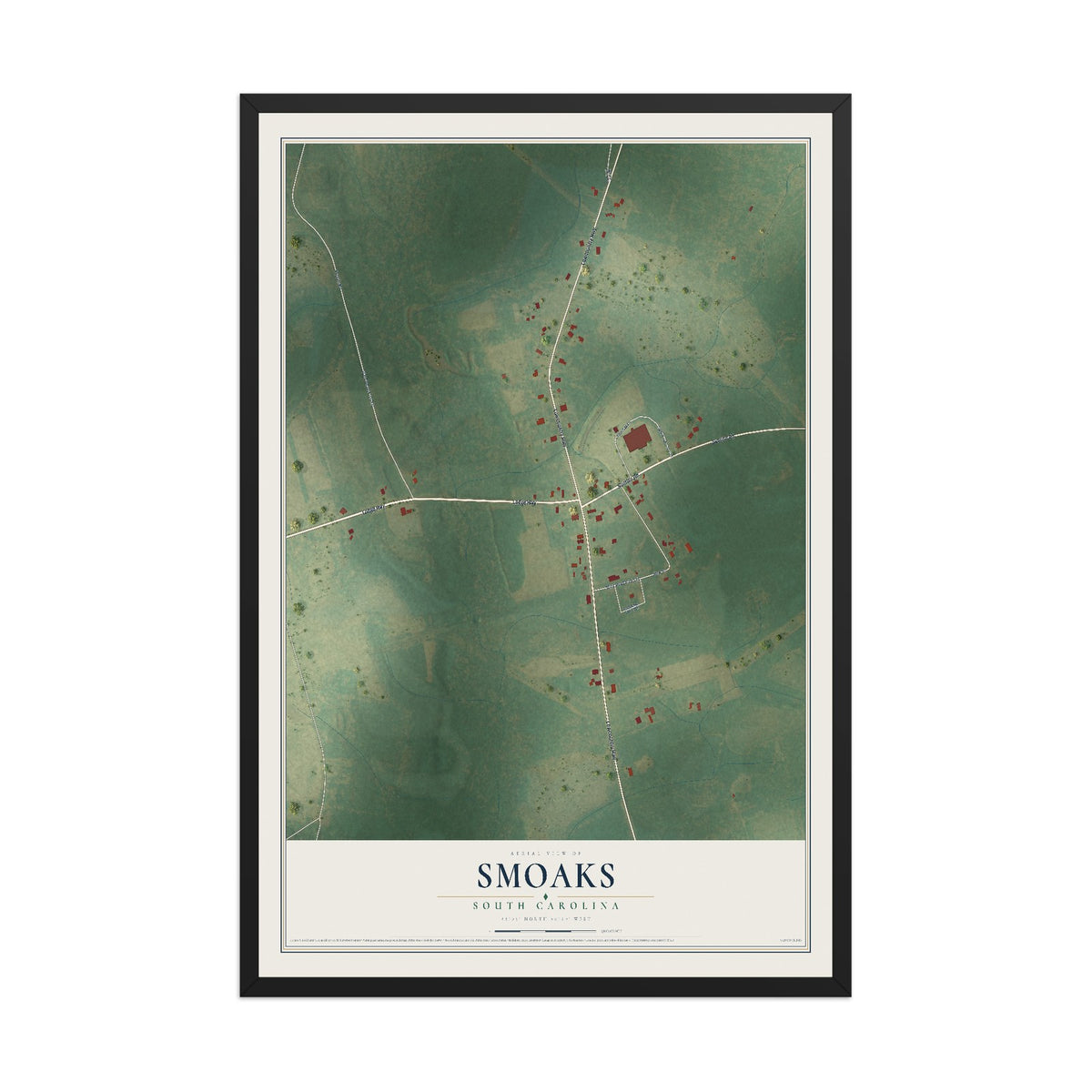 Map of Smoaks, South Carolina, 12 x 18 inch print in a black wood frame