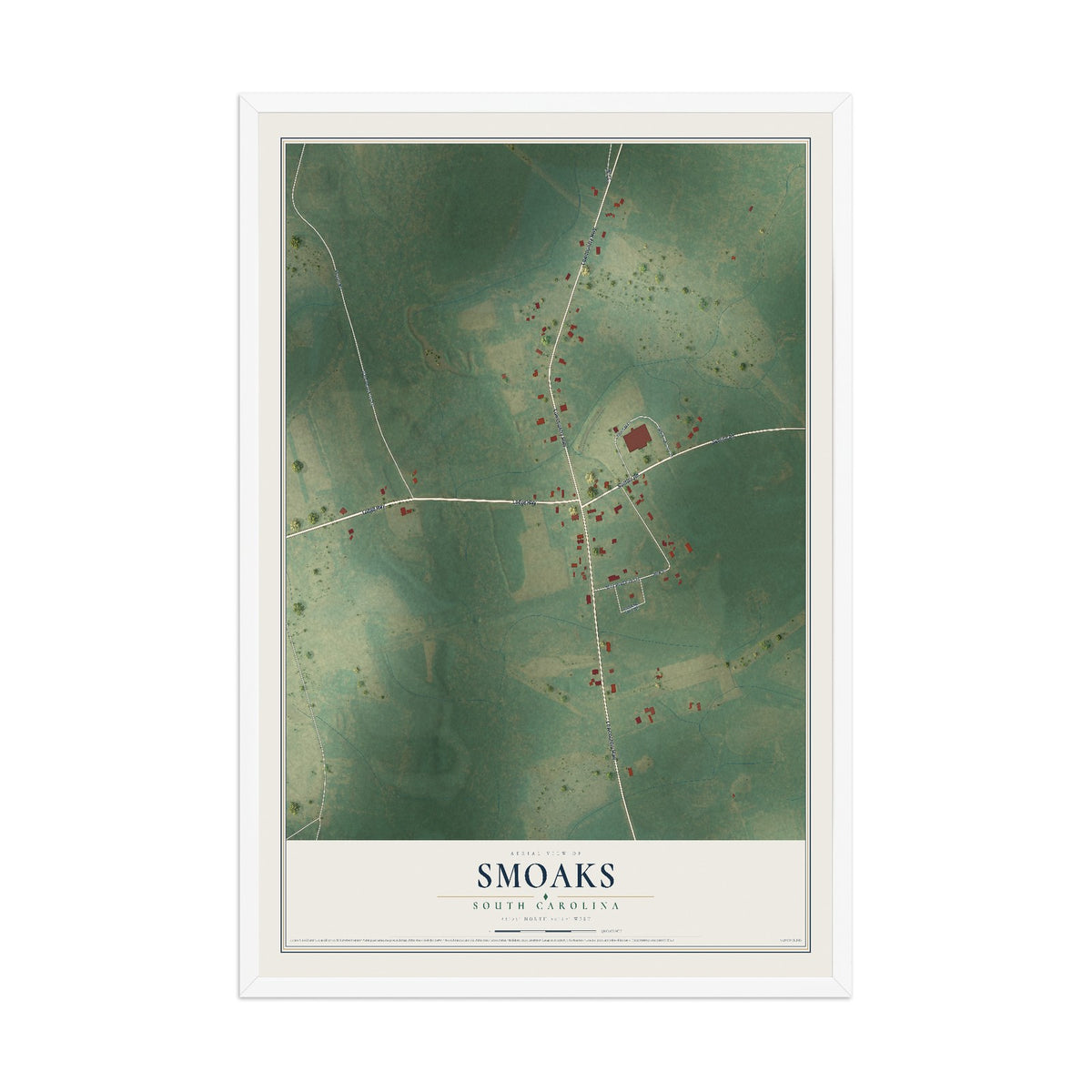 Map of Smoaks, South Carolina, 12 x 18 inch print in a white wood frame