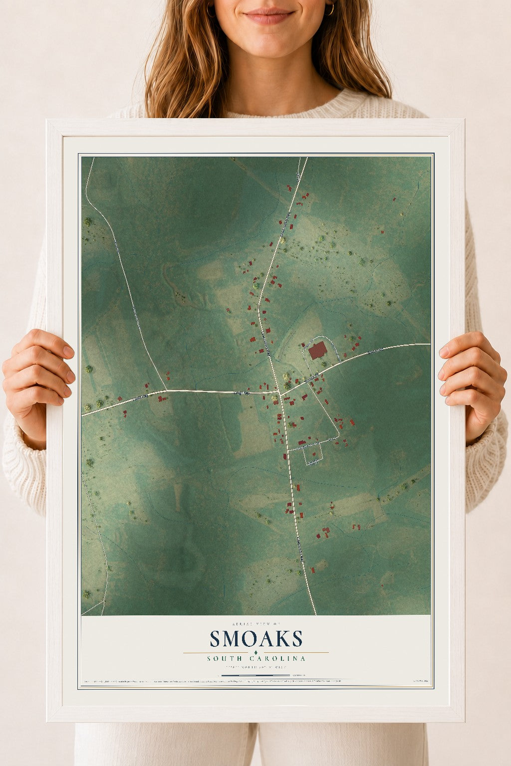 Map of Smoaks, South Carolina, 18 x 24 inch print in a white wood frame
