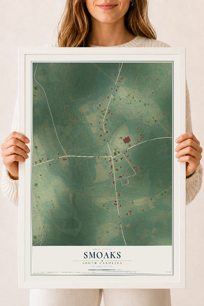 Map of Smoaks, South Carolina, 18 x 24 inch print in a white wood frame