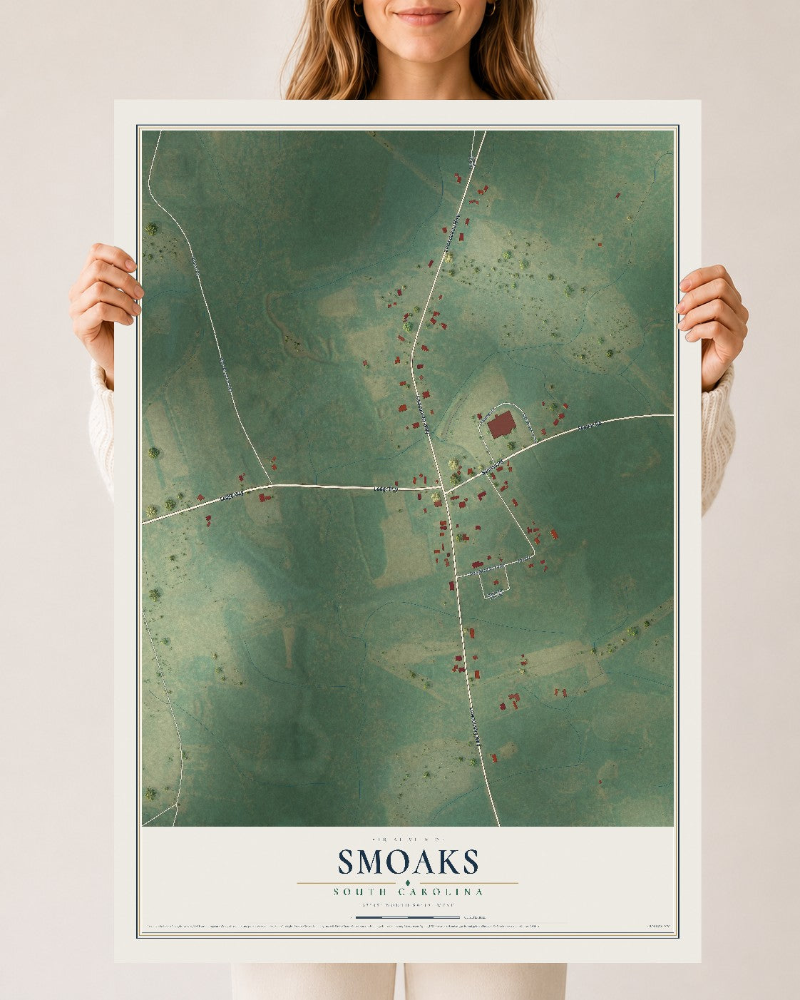 Map of Smoaks, South Carolina, 24 x 36 inch unframed archival matte print