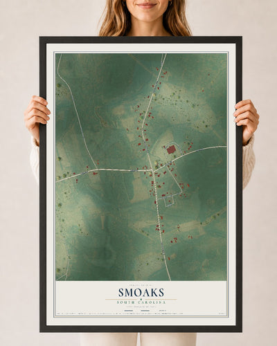 Map of Smoaks, South Carolina, 24 x 36 inch print in a black wood frame