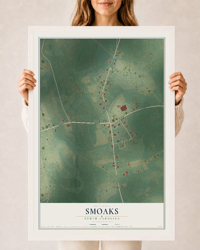 Map of Smoaks, South Carolina, 24 x 36 inch print in a white wood frame