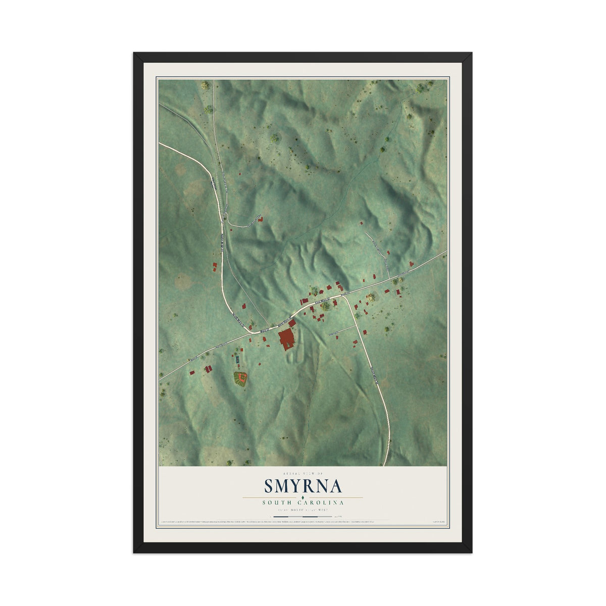 Map of Smyrna, South Carolina, 12 x 18 inch print in a black wood frame