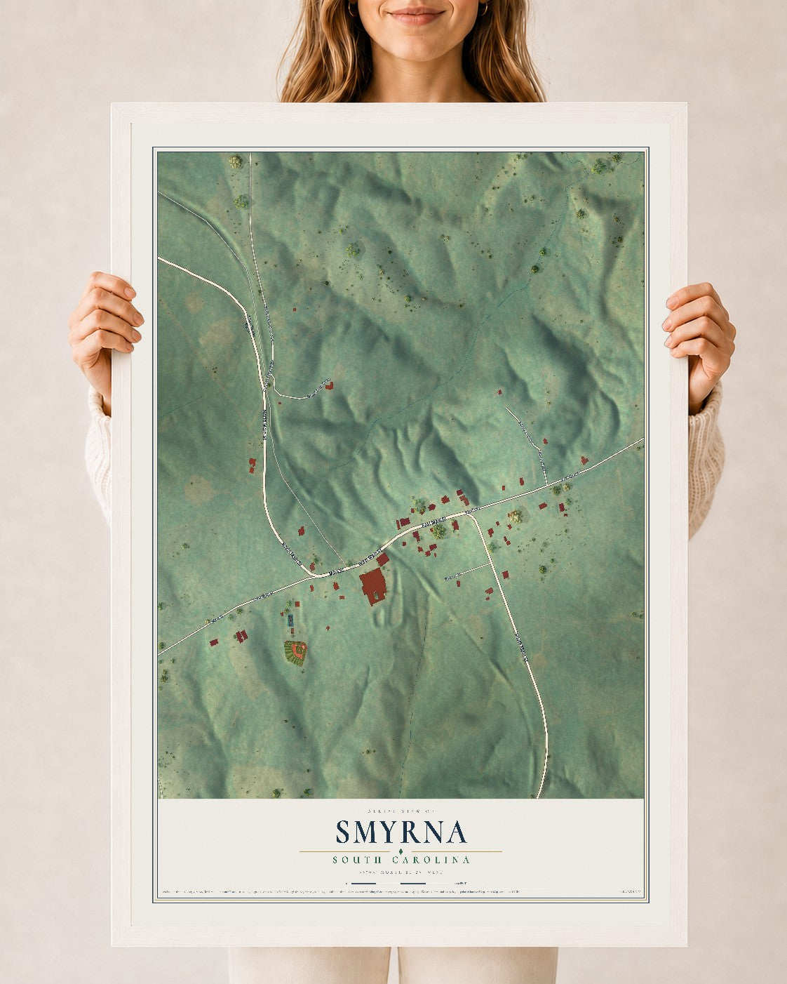 Map of Smyrna, South Carolina, 24 x 36 inch print in a white wood frame