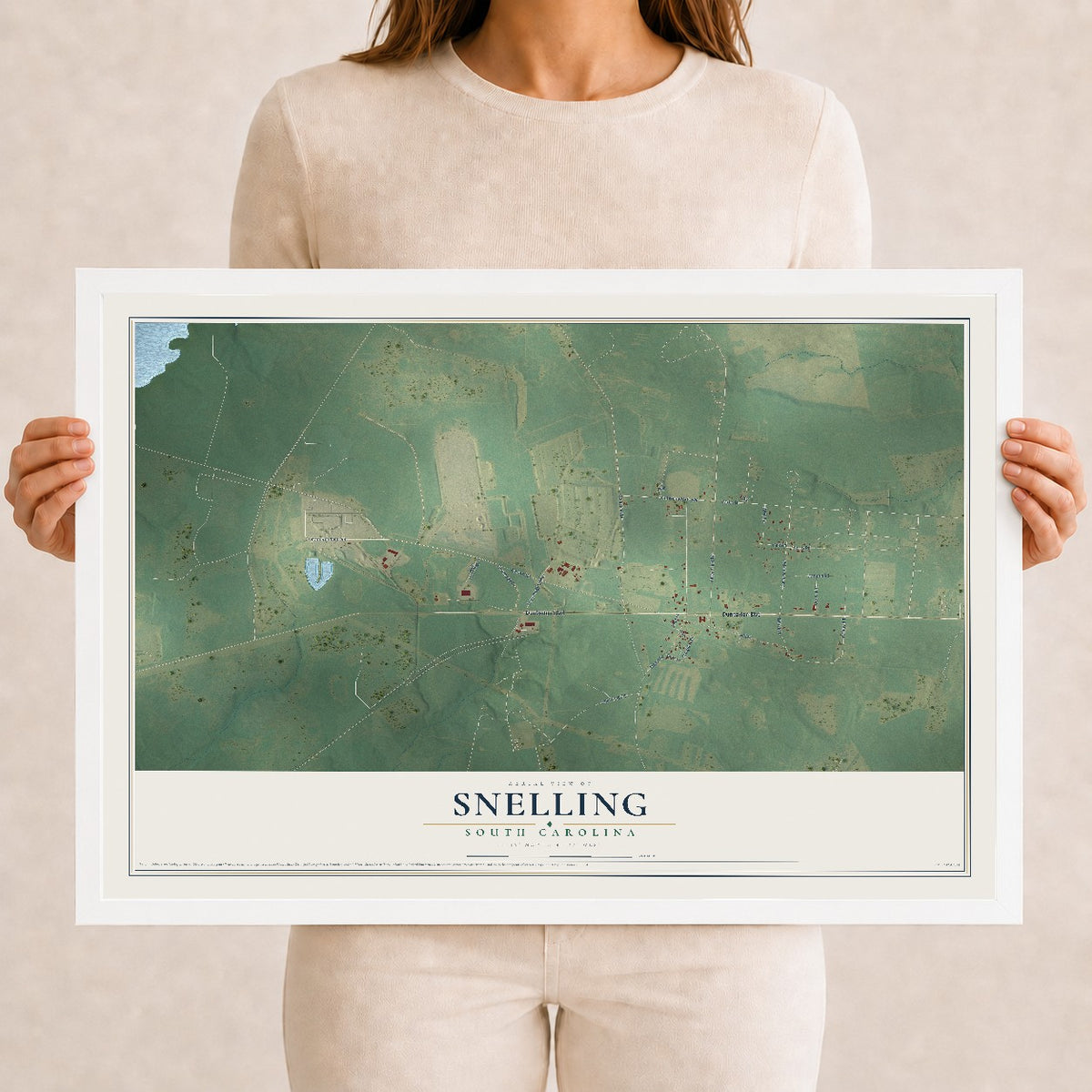 Map of Snelling, South Carolina, 12 x 18 inch print in a white wood frame