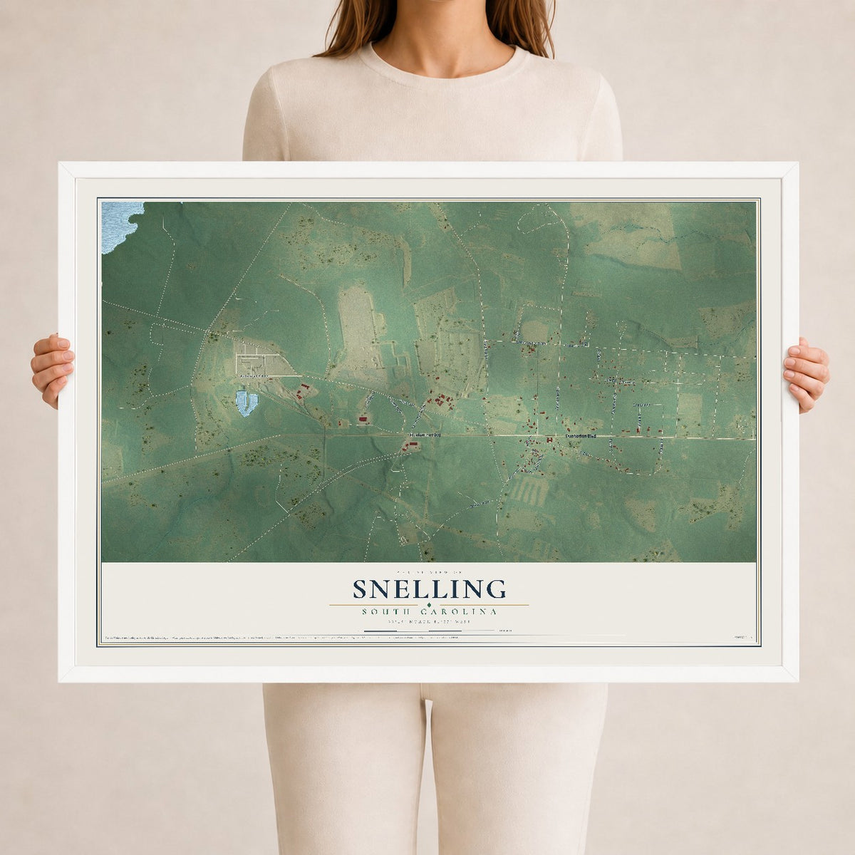 Map of Snelling, South Carolina, 24 x 36 inch print in a white wood frame