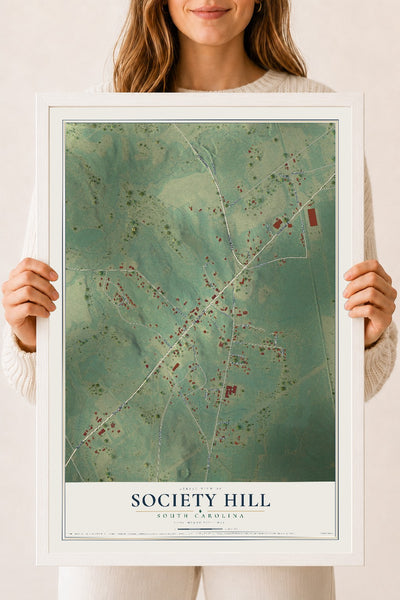 Map of Society Hill, South Carolina, 18 x 24 inch print in a white wood frame