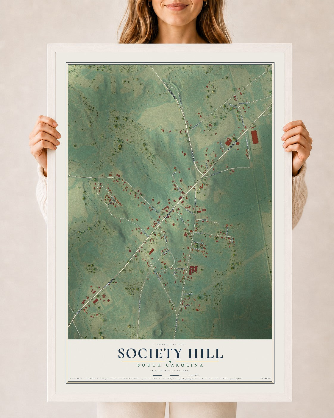 Map of Society Hill, South Carolina, 24 x 36 inch print in a white wood frame