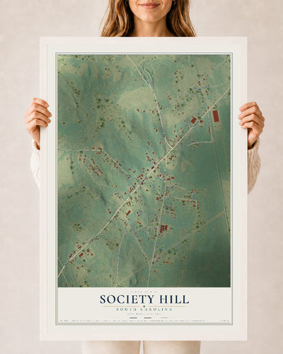 Map of Society Hill, South Carolina, 24 x 36 inch print in a white wood frame