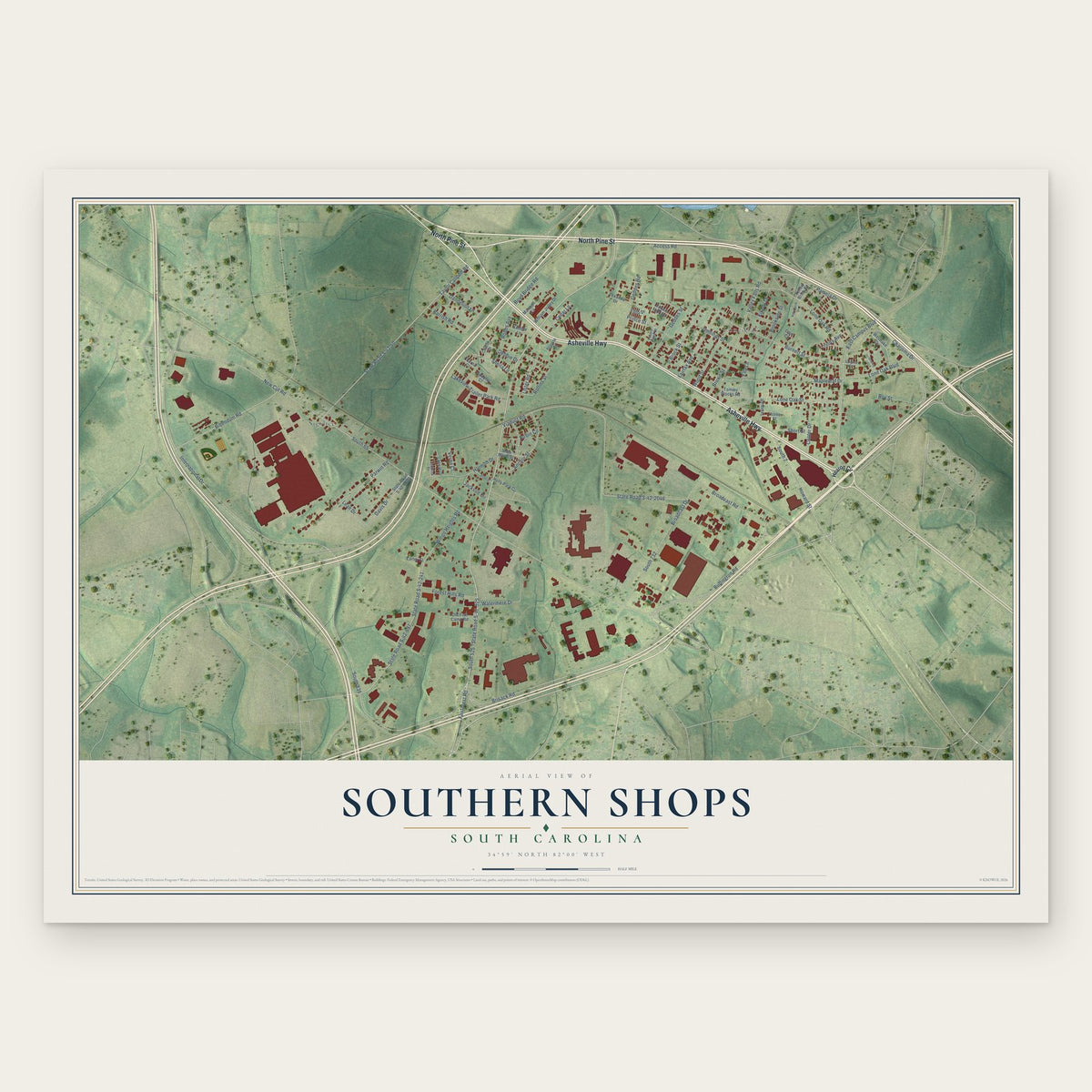 Southern Shops, South Carolina map print, the full design